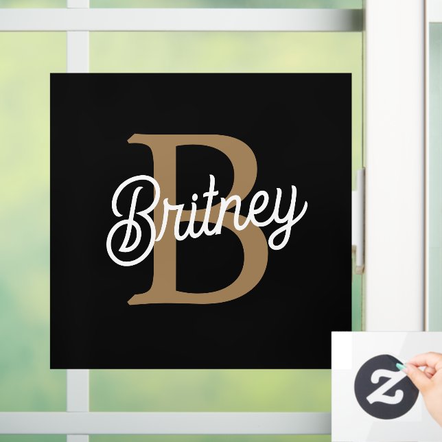 Modern Elegant Monogram Name  Black Gold Script  Window Cling (Home)