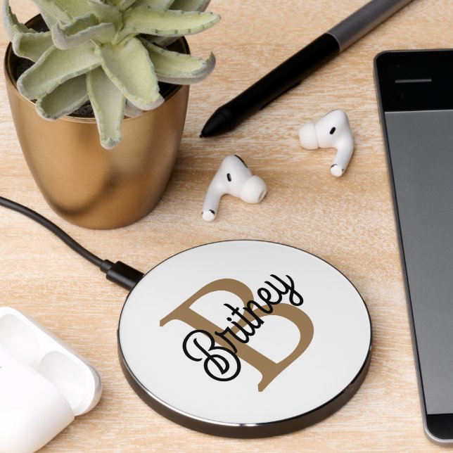 Modern Elegant Monogram Name  Black Gold Script  Wireless Charger (Desk 2)