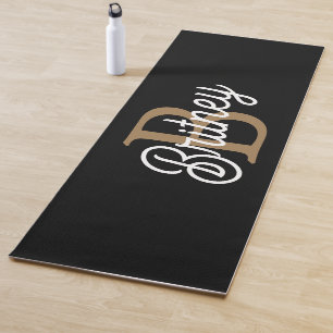 Modern Elegant Monogram Name Black Gold Script Yoga Mat