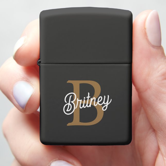 Modern Elegant Monogram Name  Black Gold Script  Zippo Lighter (In Hand)