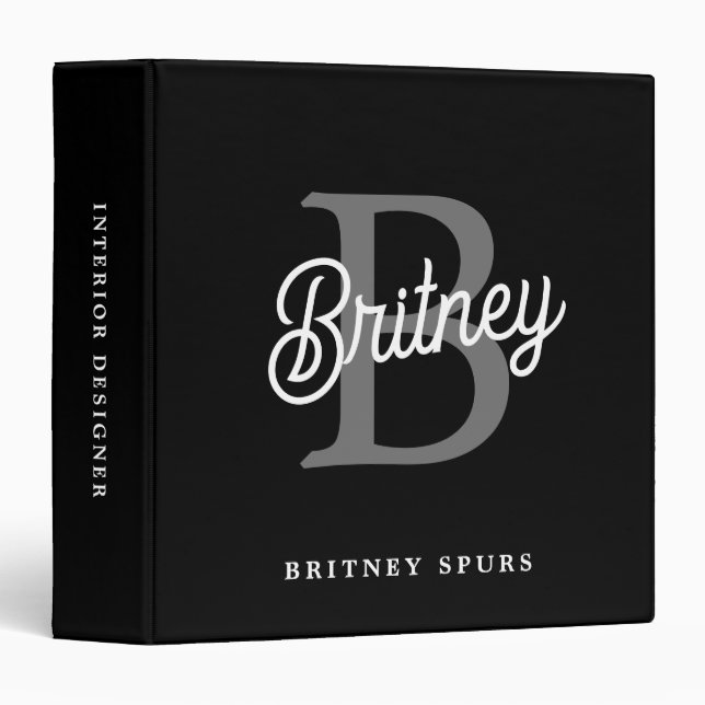 Modern Elegant Monogram Name  Black Gray Script  3 Ring Binder (Front/Spine)
