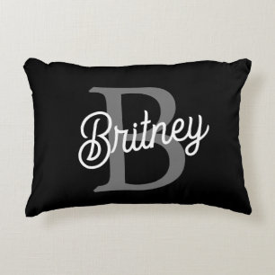 Modern Elegant Monogram Name  Black Gray Script  Accent Pillow