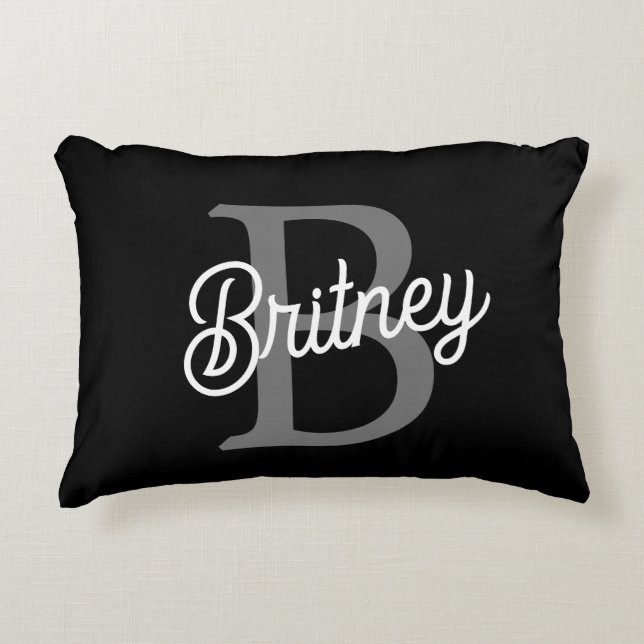 Modern Elegant Monogram Name  Black Gray Script  Accent Pillow (Front)