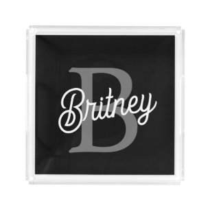 Modern Elegant Monogram Name Black Gray Script Acrylic Tray