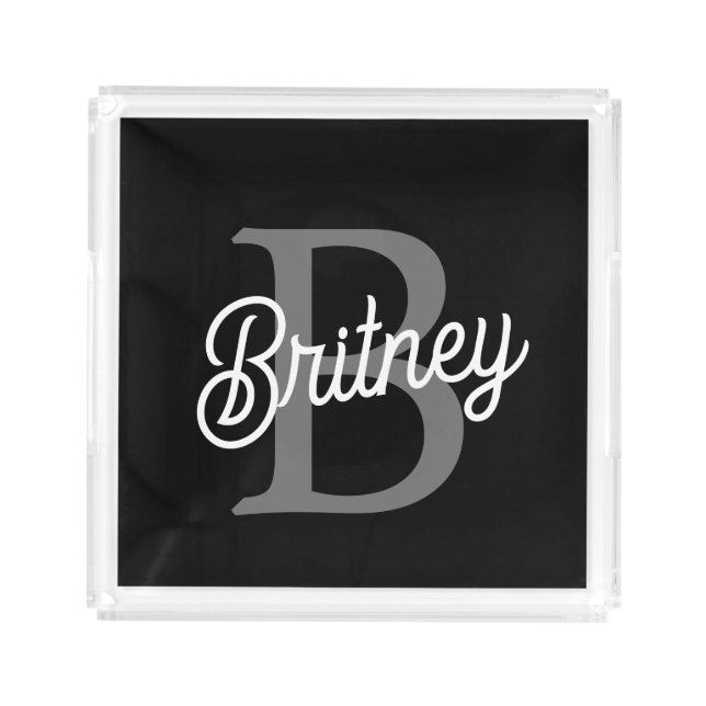 Modern Elegant Monogram Name  Black Gray Script  Acrylic Tray (Front)