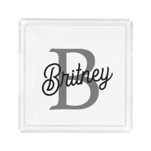 Modern Elegant Monogram Name Black Gray Script Acrylic Tray