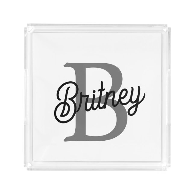 Modern Elegant Monogram Name  Black Gray Script  Acrylic Tray (Front)