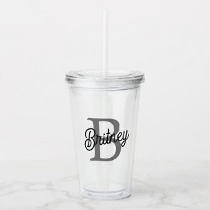 Modern Elegant Monogram Name  Black Gray Script  Acrylic Tumbler