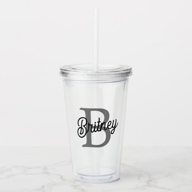 Modern Elegant Monogram Name  Black Gray Script  Acrylic Tumbler (Front)