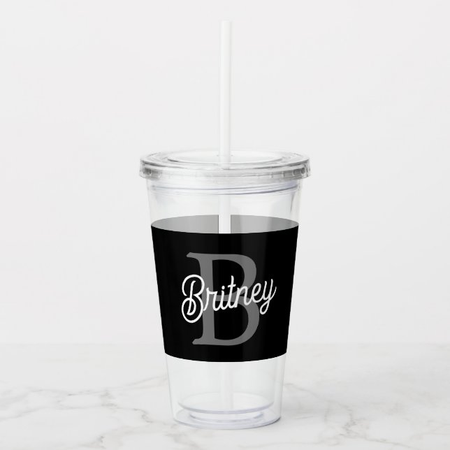 Modern Elegant Monogram Name  Black Gray Script  Acrylic Tumbler (Front)