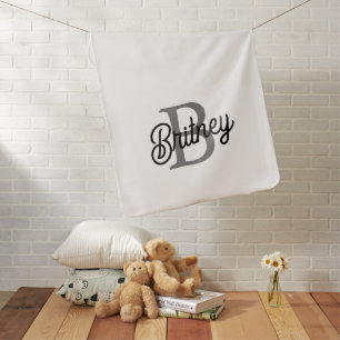 Modern Elegant Monogram Name  Black Gray Script  Baby Blanket