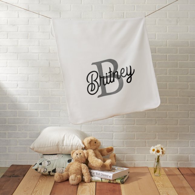 Modern Elegant Monogram Name  Black Gray Script  Baby Blanket (In Situ)