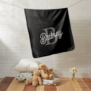 Modern Elegant Monogram Name Black Gray Script Baby Blanket