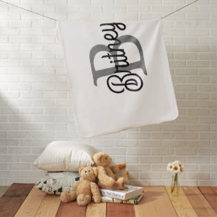 Modern Elegant Monogram Name  Black Gray Script  Baby Blanket