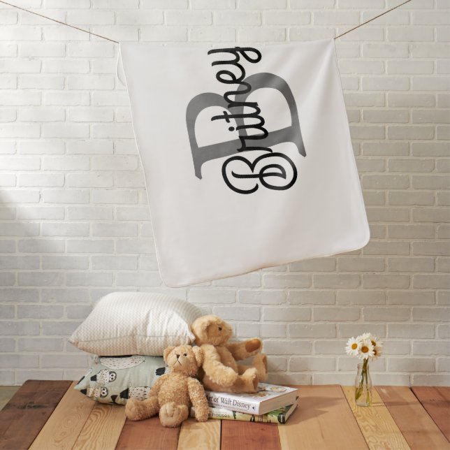 Modern Elegant Monogram Name  Black Gray Script  Baby Blanket (In Situ)