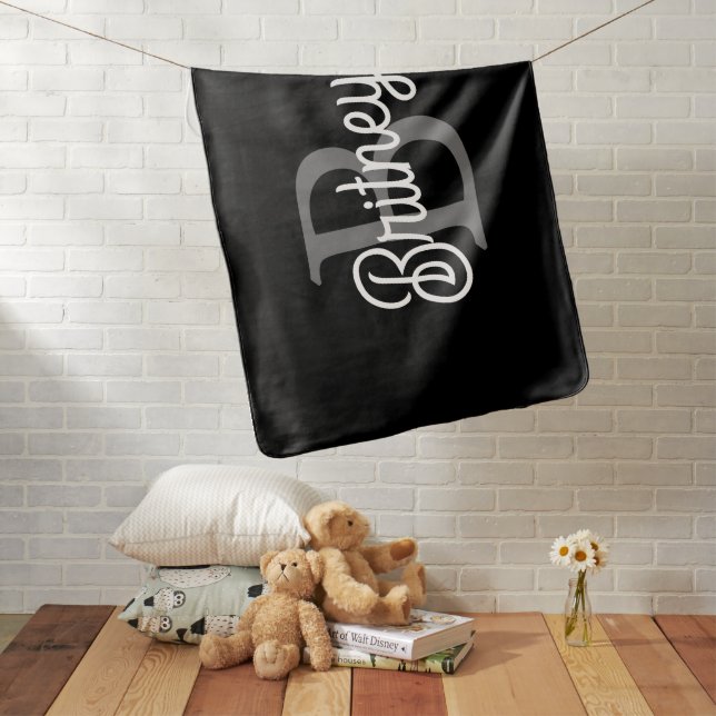 Modern Elegant Monogram Name  Black Gray Script  Baby Blanket (In Situ)