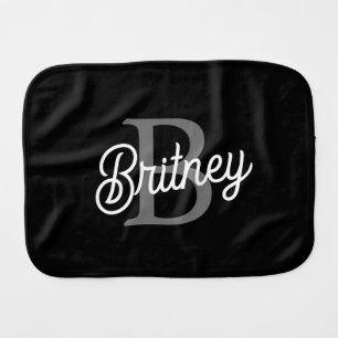 Modern Elegant Monogram Name Black Gray Script Baby Burp Cloth