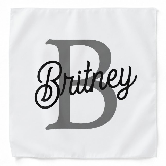 Modern Elegant Monogram Name  Black Gray Script  Bandana (Front)