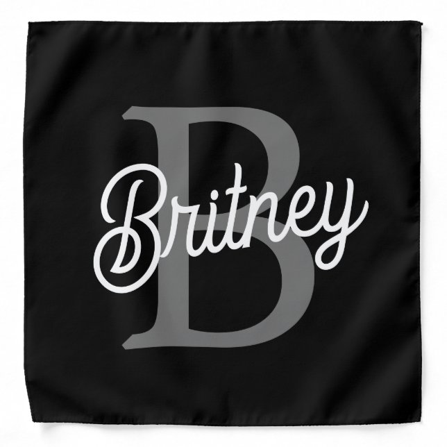 Modern Elegant Monogram Name  Black Gray Script  Bandana (Front)