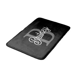 Modern Elegant Monogram Name Black Gray Script Bath Mat