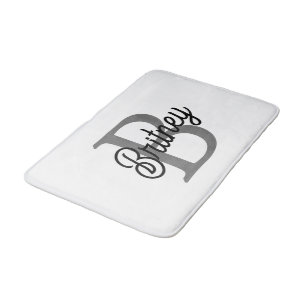 Modern Elegant Monogram Name  Black Gray Script  Bath Mat