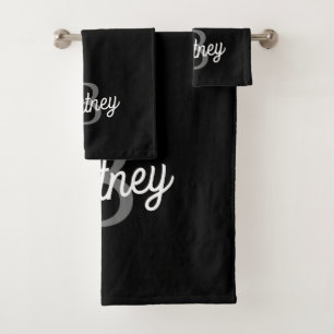 Modern Elegant Monogram Name Black Gray Script Bath Towel Set