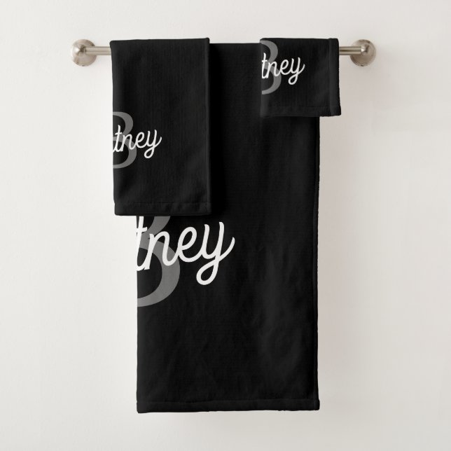Modern Elegant Monogram Name  Black Gray Script  Bath Towel Set (Insitu)
