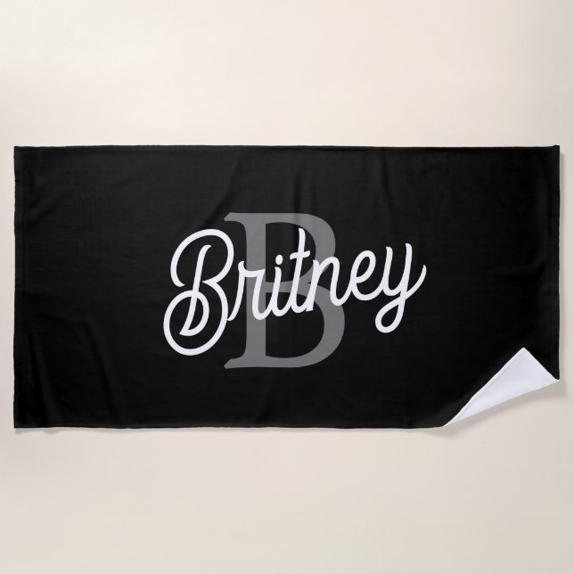 Modern Elegant Monogram Name  Black Gray Script  Beach Towel (Front)