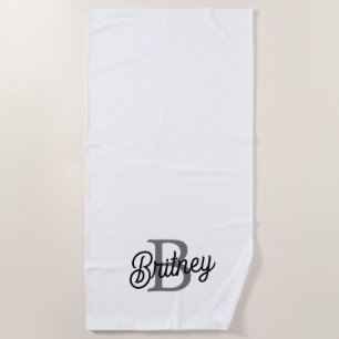 Modern Elegant Monogram Name Black Gray Script Beach Towel