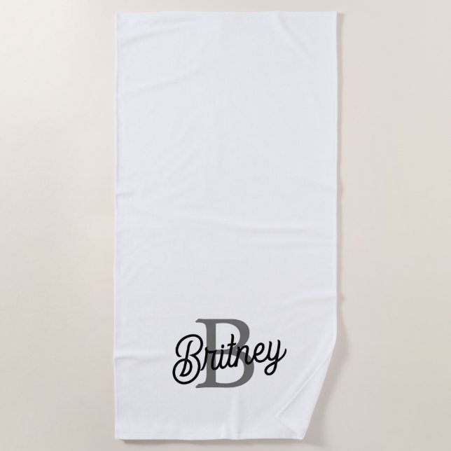 Modern Elegant Monogram Name  Black Gray Script  Beach Towel (Front)