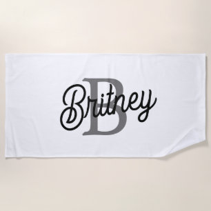 Modern Elegant Monogram Name Black Gray Script Beach Towel