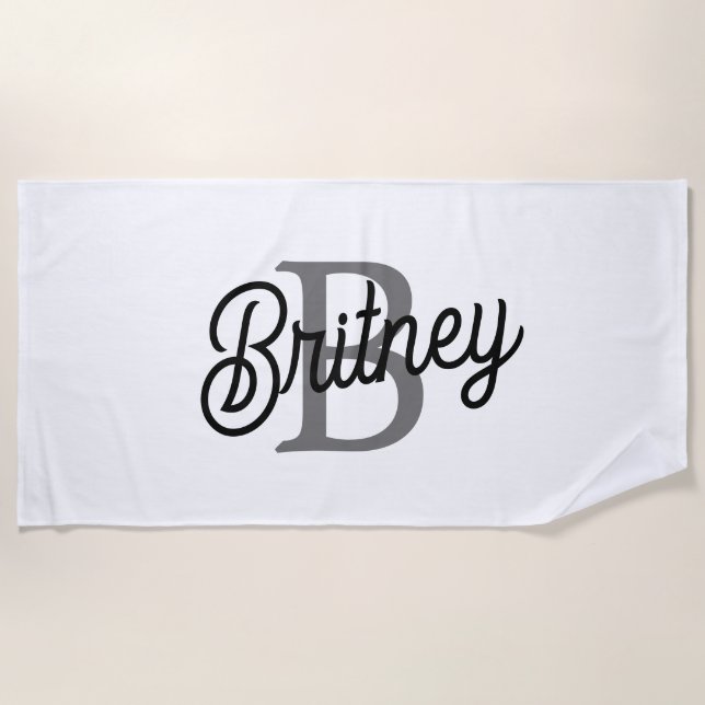 Modern Elegant Monogram Name  Black Gray Script  Beach Towel (Front)