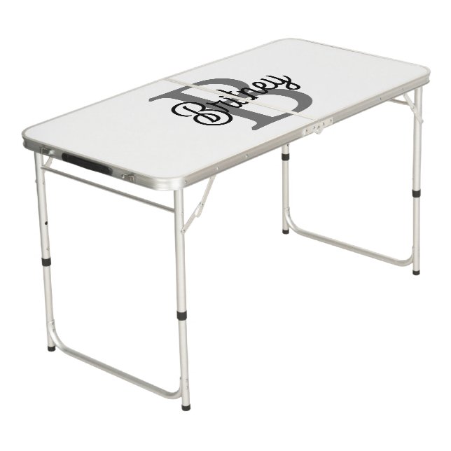 Modern Elegant Monogram Name  Black Gray Script  Beer Pong Table (Angled)