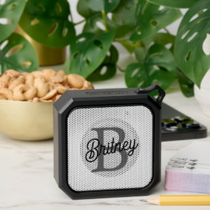 Modern Elegant Monogram Name  Black Gray Script  Bluetooth Speaker