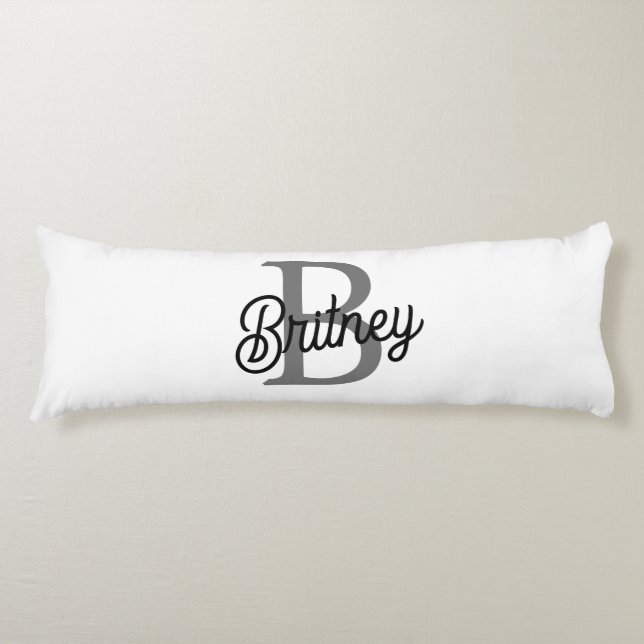 Modern Elegant Monogram Name  Black Gray Script  Body Pillow (Front)
