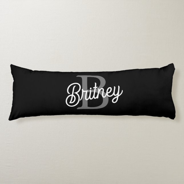 Modern Elegant Monogram Name  Black Gray Script  Body Pillow (Front)