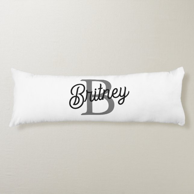 Modern Elegant Monogram Name  Black Gray Script  Body Pillow (Front)