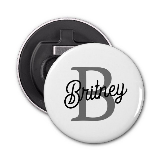 Modern Elegant Monogram Name  Black Gray Script  Bottle Opener (Front)