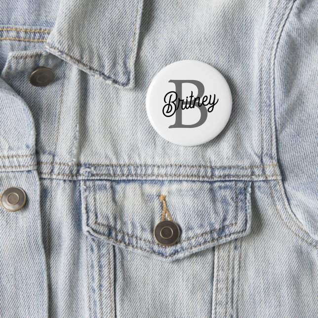 Modern Elegant Monogram Name  Black Gray Script  Button (In Situ)