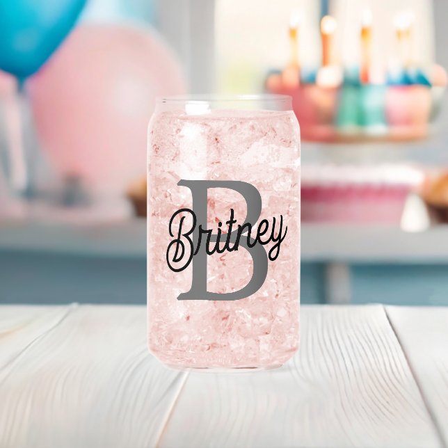 Modern Elegant Monogram Name  Black Gray Script  Can Glass (Insitu (Baby Shower))