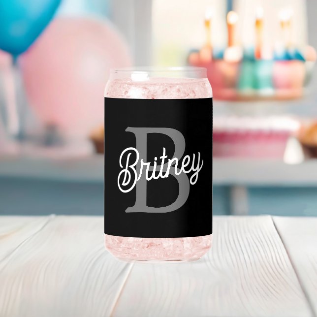 Modern Elegant Monogram Name  Black Gray Script  Can Glass (Insitu (Baby Shower))