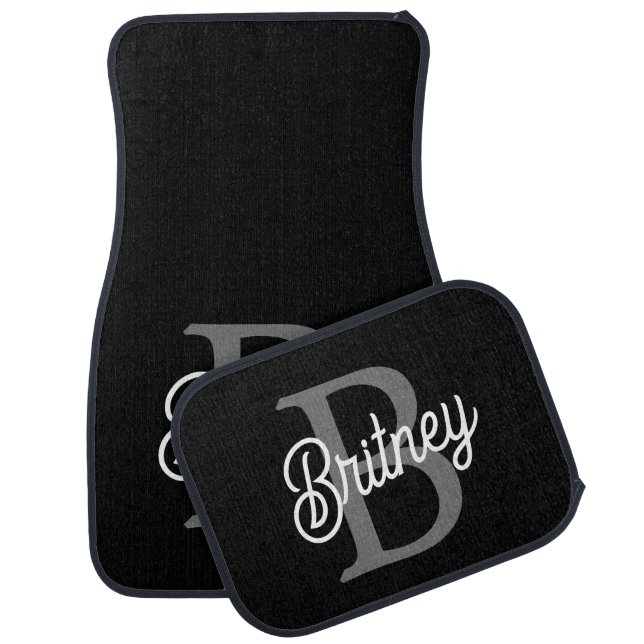 Modern Elegant Monogram Name  Black Gray Script  Car Floor Mat (Set)