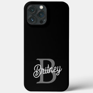 Modern Elegant Monogram Name  Black Gray Script  iPhone 13 Pro Max Case