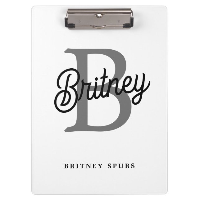 Modern Elegant Monogram Name  Black Gray Script  Clipboard (Front)