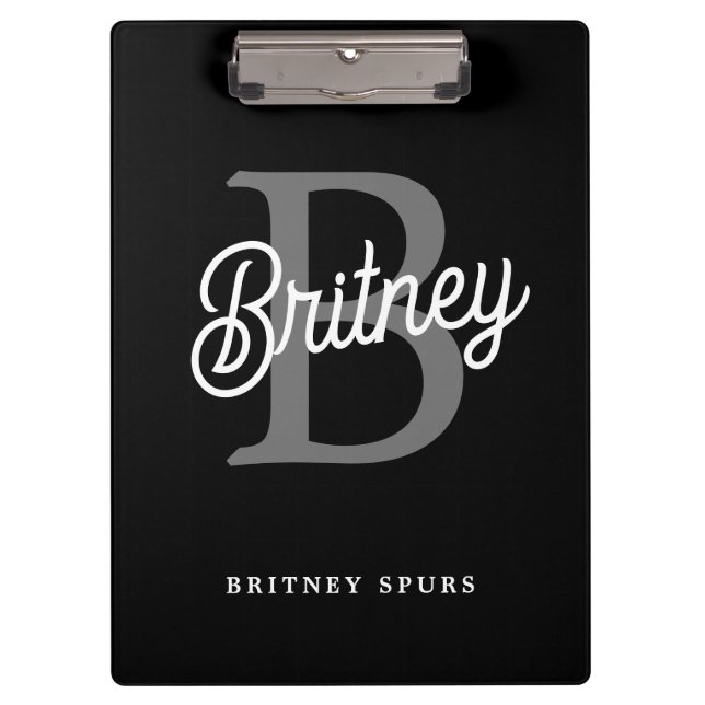 Modern Elegant Monogram Name  Black Gray Script  Clipboard (Front)