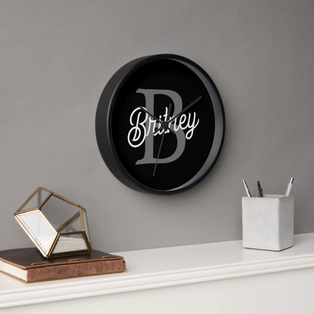 Modern Elegant Monogram Name  Black Gray Script  Clock (Office)
