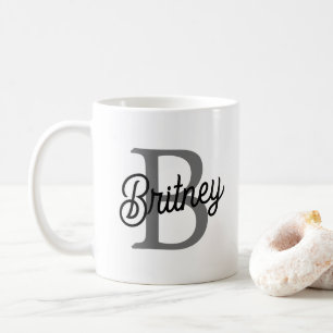 Modern Elegant Monogram Name Black Gray Script Coffee Mug