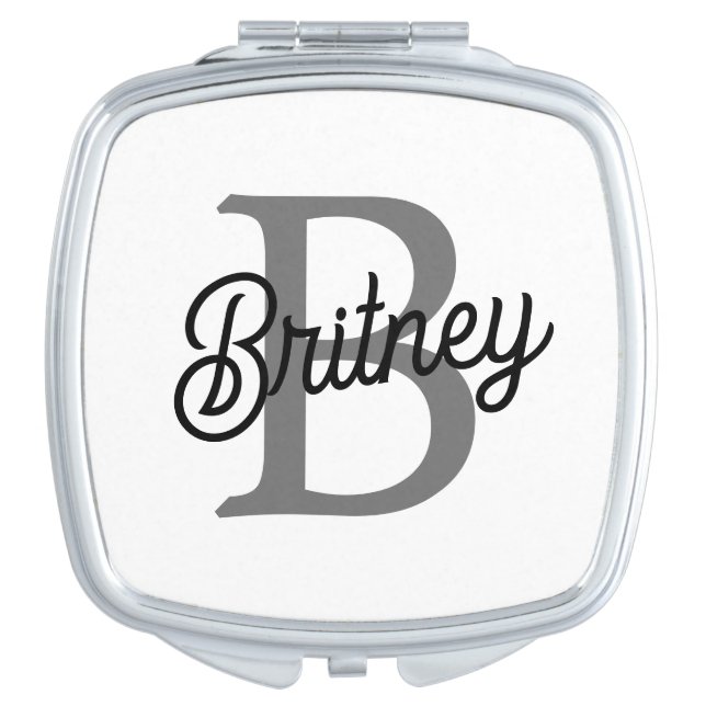 Modern Elegant Monogram Name  Black Gray Script  Compact Mirror (Front)