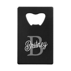 Modern Elegant Monogram Name Black Gray Script Credit Card Bottle Opener