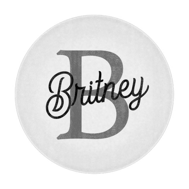 Modern Elegant Monogram Name  Black Gray Script  Cutting Board (Front)